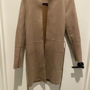 Elegant Suede Tan Women's Long Coat - Size 4